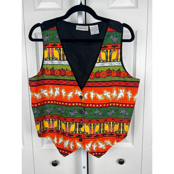 Basic Editions colorful whimsical happy halloween vest women's medium orange blk - Picture 2 of 7
